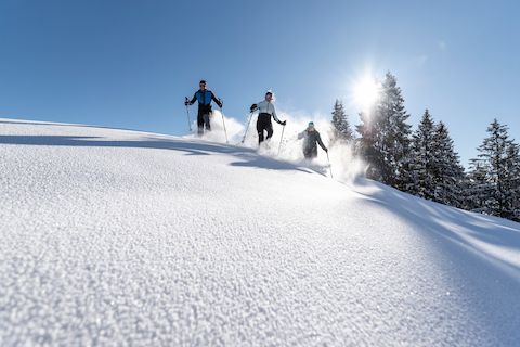 Drei Menschen beim Winterwandern mit Schneeschuhen in den Ammergauer Alpen 