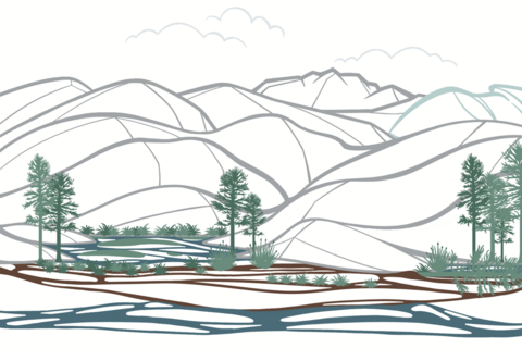 Eine Illustration des Ammertals, nachdem sich die Gletscher zuückgezogen haben. Die Seen verlanden und es bildet sich Torf.