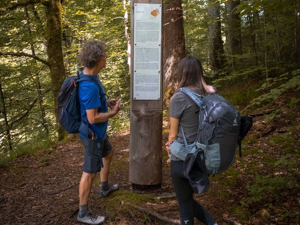 Wanderer vor einer Meditationsweg-Stele