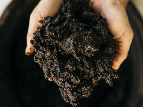 Eine Person hält das dickbreiige Moor in ihren Händen hoch.